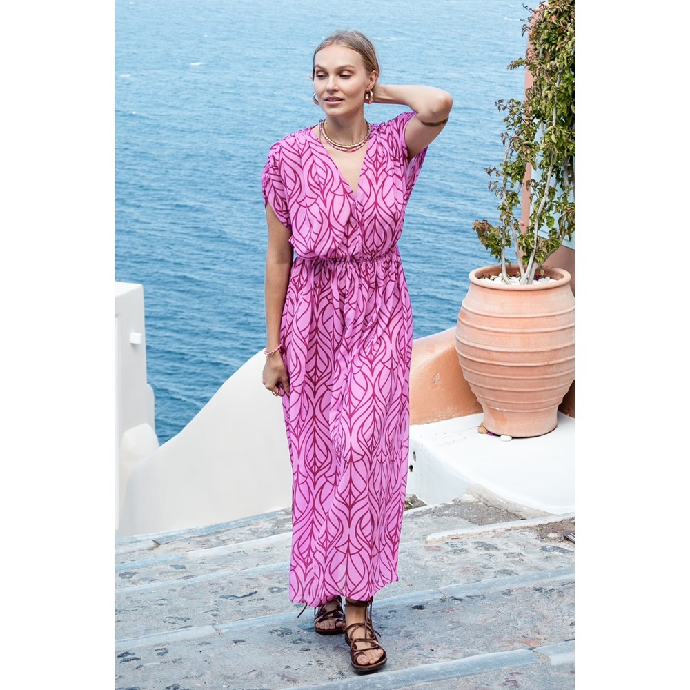 Pink Abstract Patterned V-Neck Elastic Waist Maxi Dress Size M Summer Resortwear